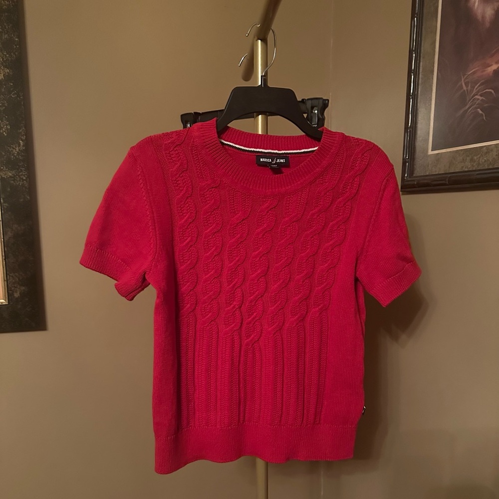 Nautica Short-Sleeve Cable Knit Sweater - Red